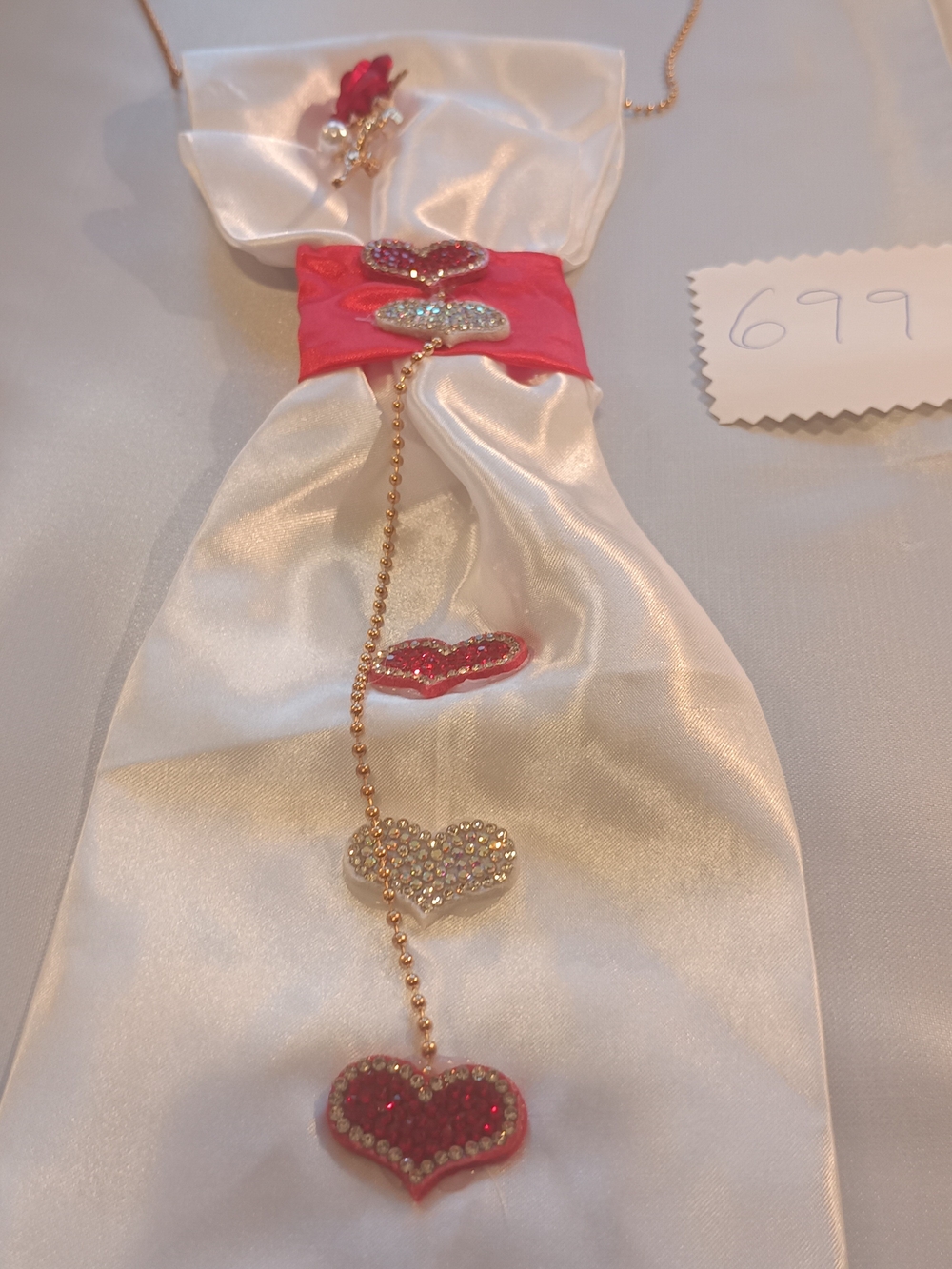 White Satin Junk Tie Necklace with Red And Silver Heart Accents